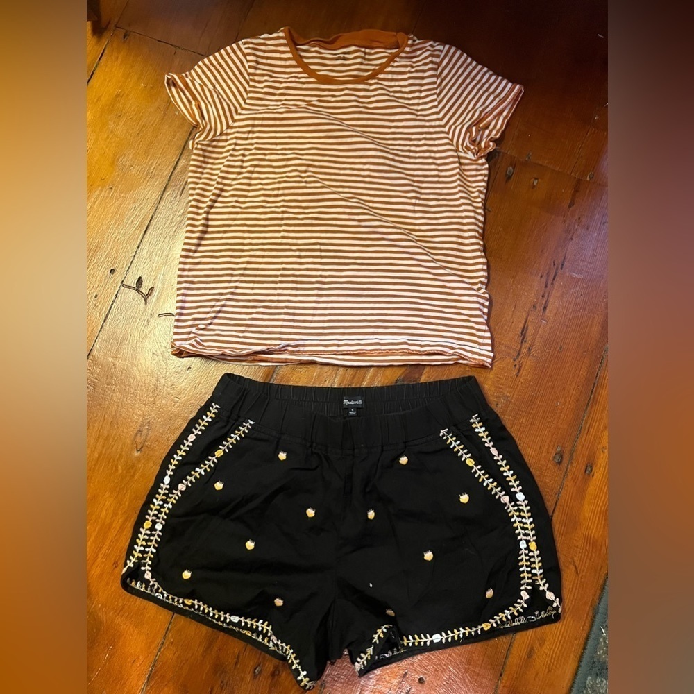 Madewell Small black embroidered shorts & striped orange t-shirt bundle